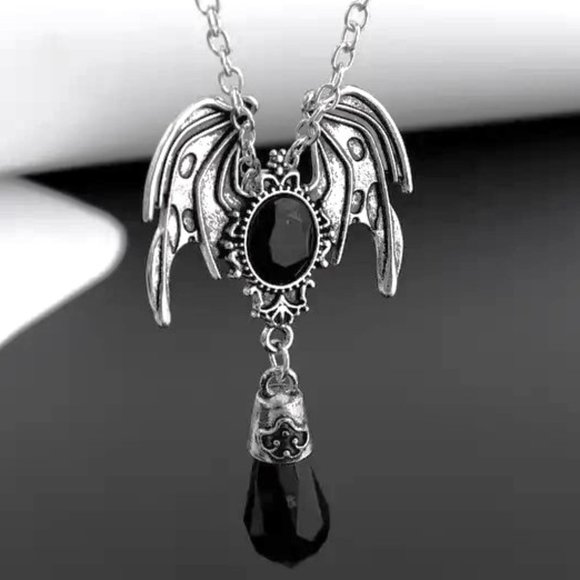 Necklace Bat Wings Pendant Silver Magic Goth Emo Scene Mythology Dangle Crystal - Picture 4 of 7